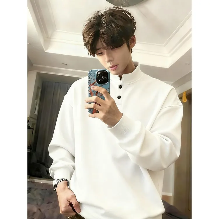 美式亨利领正肩长袖t恤男秋冬加厚银狐绒重磅卫衣立领白色打底衫