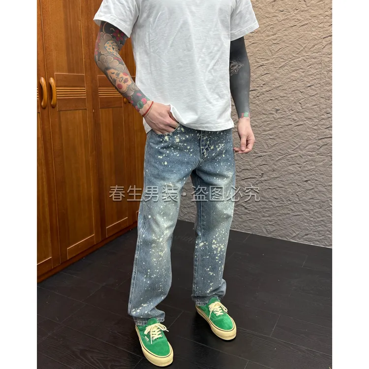 2025秋冬新款时尚休闲百搭直筒宽松泼墨无弹男士牛仔裤3086