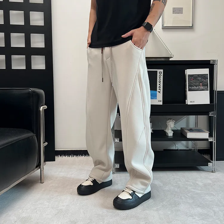 秋冬新款重磅加绒百搭休闲弯刀裤男款设计感立体拼接加厚运动卫裤