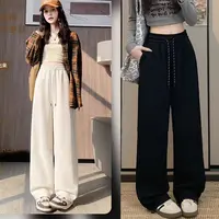 高腰抽绳糯米绒口袋阔腿裤女秋运动休闲卫裤慵懒松弛范垂感拖长裤