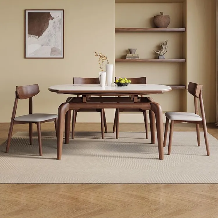 岩板餐桌椅组合现代简约轻奢家用小户型可变圆桌折叠实木饭桌