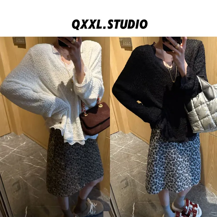 邱小小丽呀 冬季新款V领蕾丝边T恤衫女百搭时髦气质长袖套头上衣