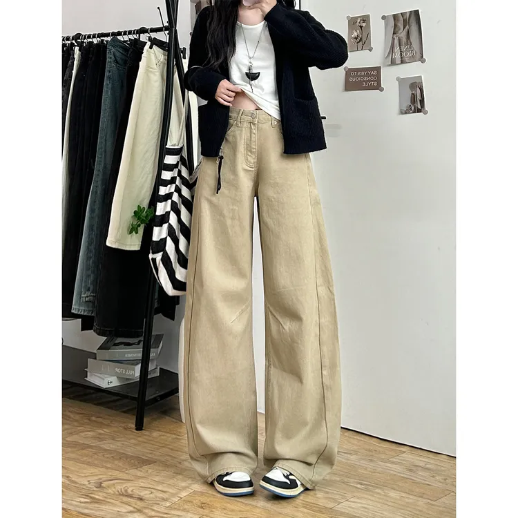 卡其色弯刀阔腿牛仔裤女秋冬2025爆款高腰梨形显瘦宽松垂感拖地裤