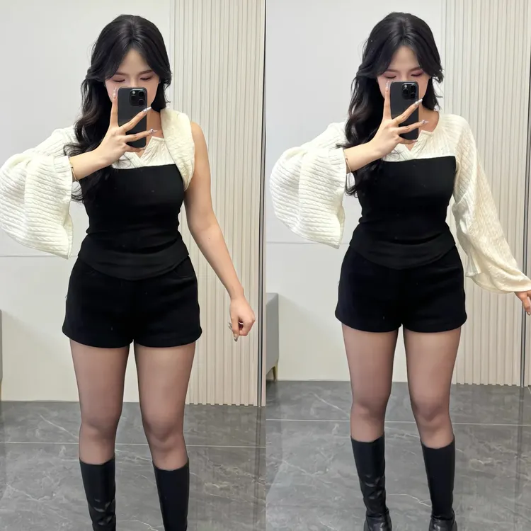 撞色拼接T恤衫女秋冬纯欲性感辣妹设计感修身长袖内搭打底衫上衣