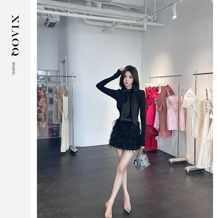 XIAOQ「蓬松华尔兹」黑色A字摆半身裙女高腰短裙奢华感四季34512