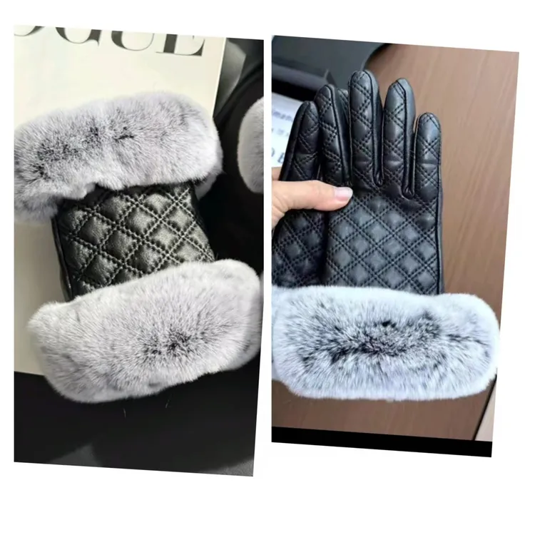 手套黑色真皮獭兔毛加绒真保暖可爱暖手套女士冬季加厚网红