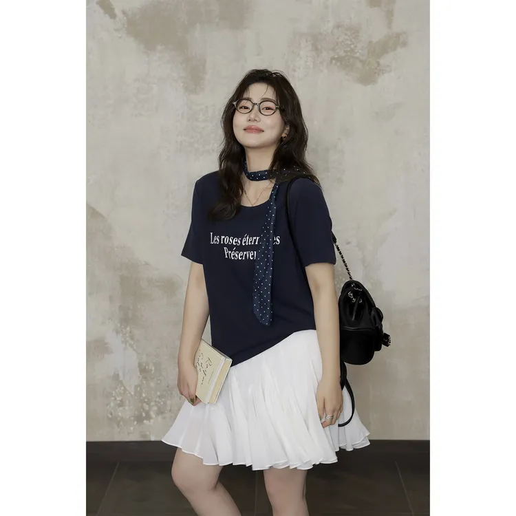 现货大婉酱微胖定制【情书书卷】印花T恤女搭配丝巾两件套上衣9479D