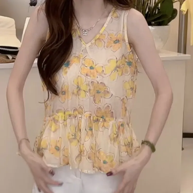 夏季V领法式宽松型韩版极简风设计感碎花百搭背心LK2504471