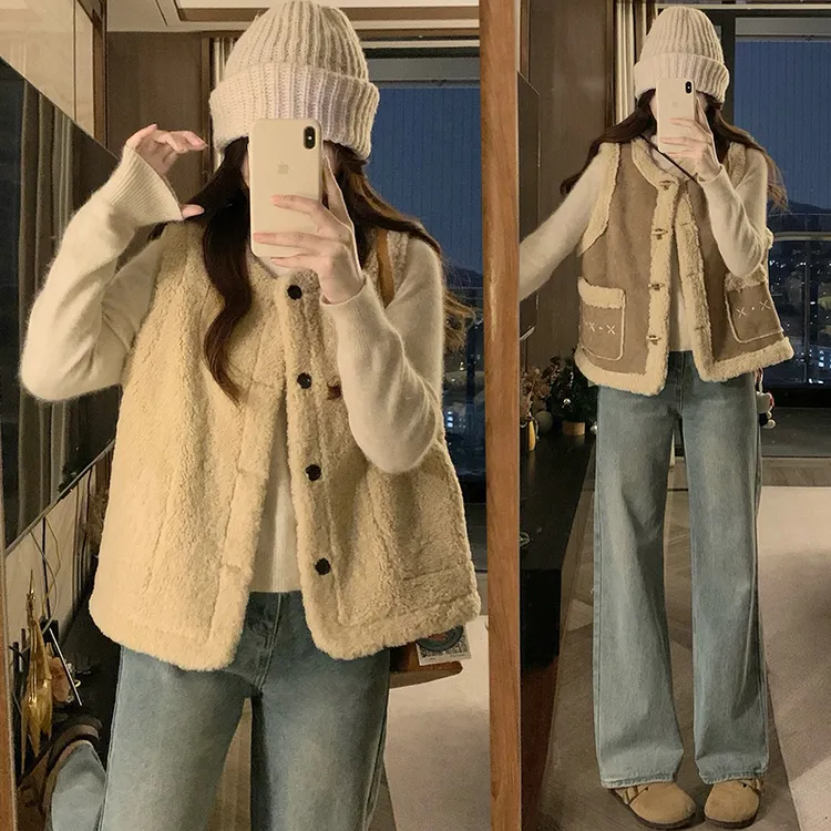 两面穿加绒加厚马甲背心女冬季新款美式复古高级感叠穿外套上衣服