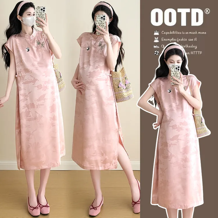 时髦孕妇装国风新中式连衣裙潮改良宽松显瘦高级感开叉旗袍连衣裙