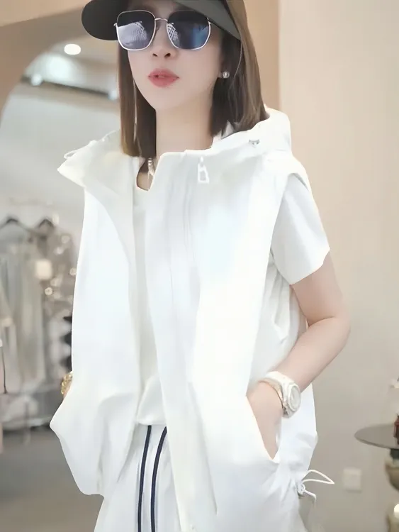 欧货时尚连帽双拉链马甲外套女夏季新款宽松显瘦百搭休闲夹克上衣