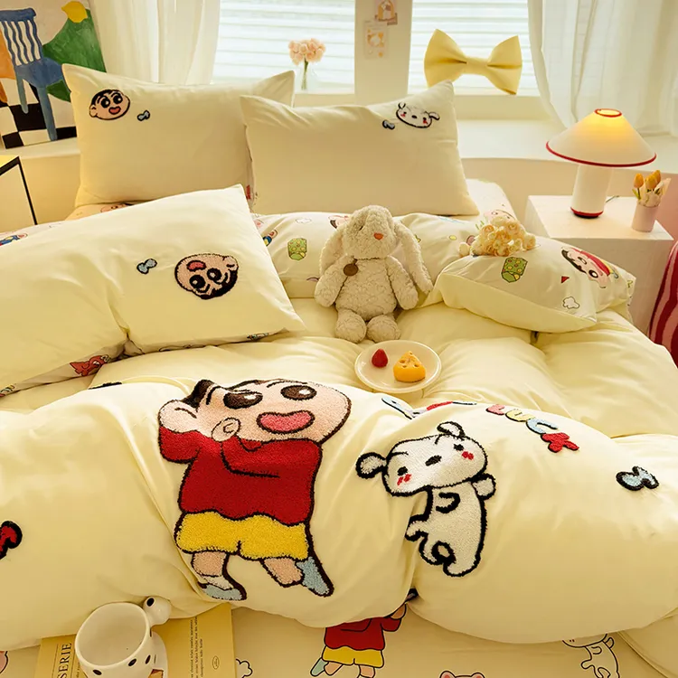 蜡笔小新云朵棉毛巾绣四件套儿童学生宿舍三件套被套床单被罩床笠