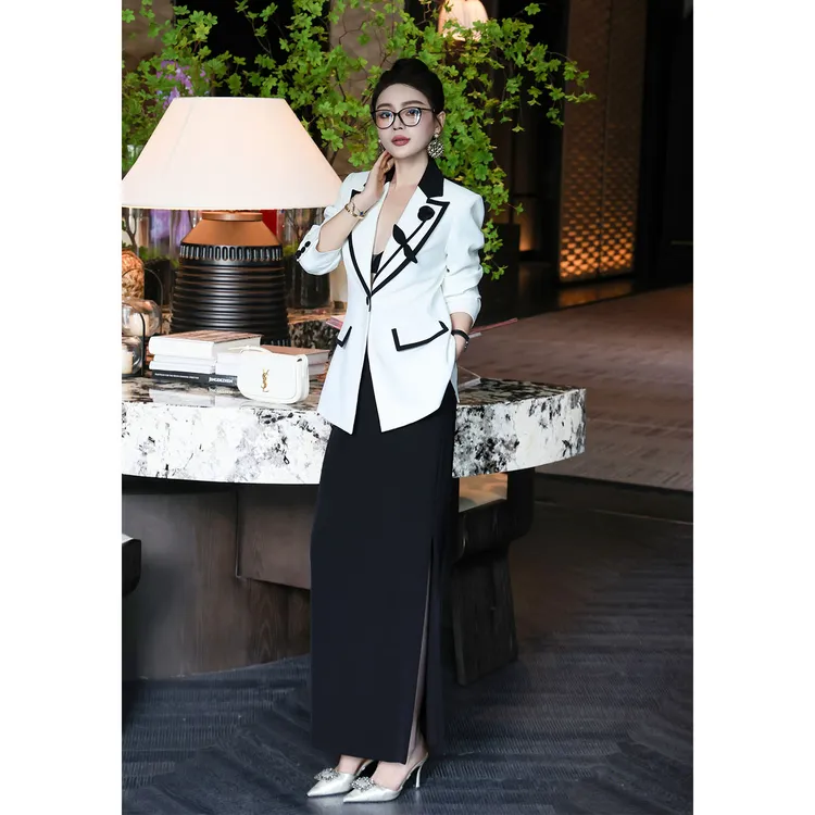 欧美法式女装2025秋装经典黑白小香撞色盘花西装半身裙套装两件套