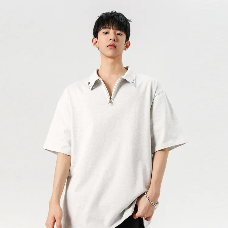 半拉链t恤男夏季休闲半袖美式纯色简约金属设计感ins重磅翻领短袖