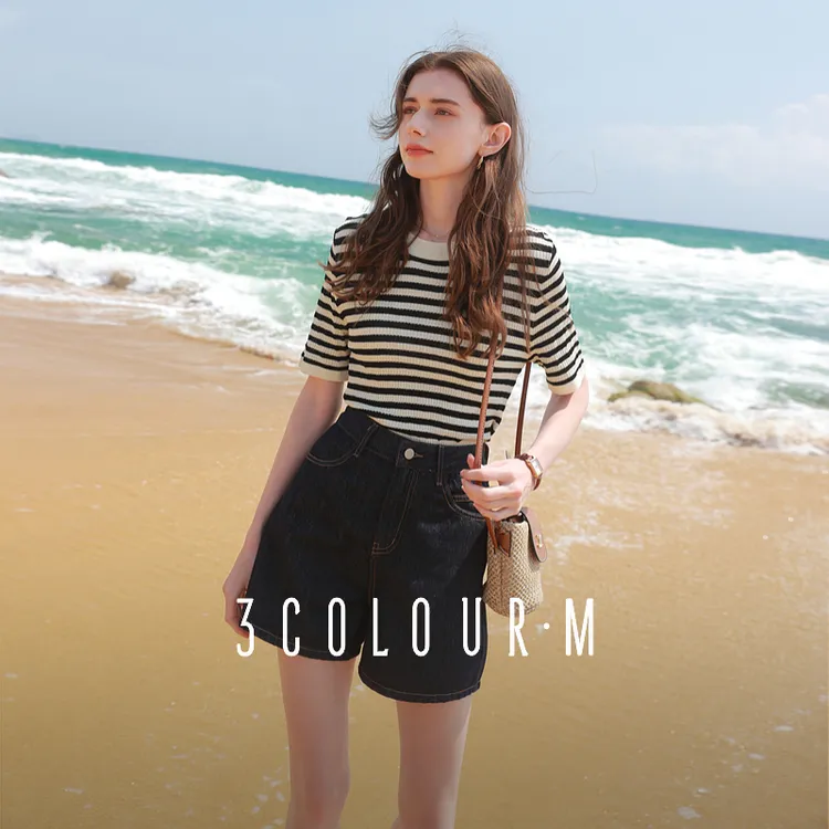 三彩2025夏季新款深色牛仔裤高腰短裤休闲直筒裤时尚百搭女M
