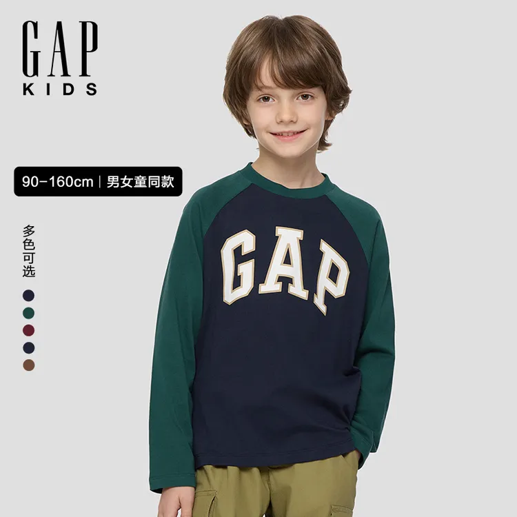 Gap男女童2025秋冬新款纯棉撞色插肩长袖T恤829283/805095/805328