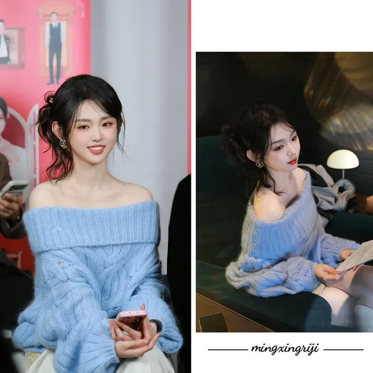 【重磅马海毛羊毛混纺】李柯以同款软糯一字肩毛衣女2025秋冬新款