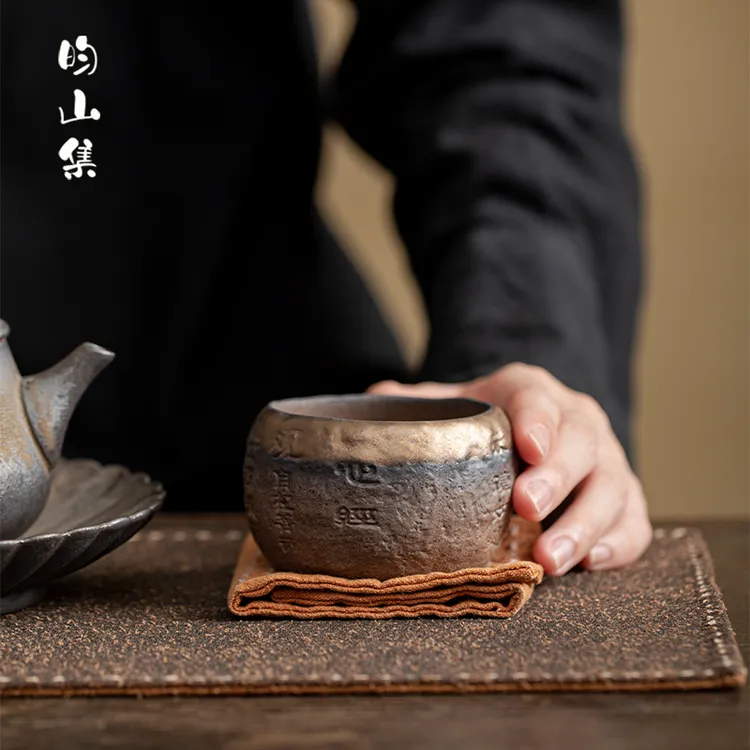 主人杯大号家用复古手工粗陶鎏金陶瓷茶具茶杯品茗单杯心经茶盏