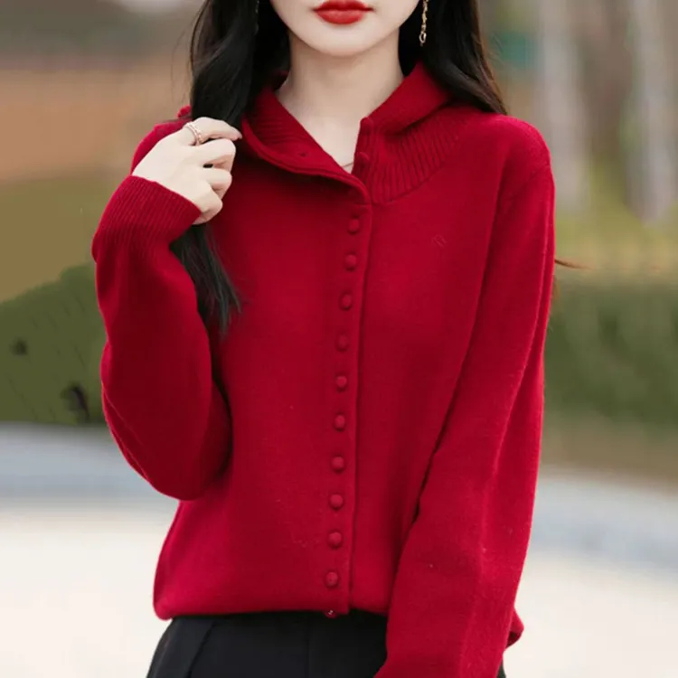 胖mm秋冬大码女士连帽红色毛衣遮肚子上衣内搭可外穿针织打底开衫