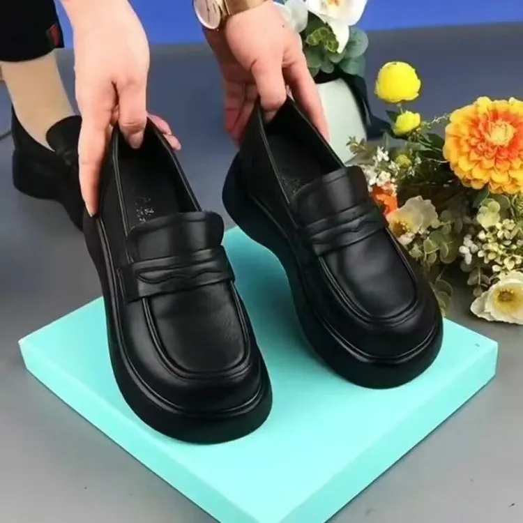单鞋春秋软底jk小皮鞋增高一脚蹬豆豆鞋舒适圆头乐福鞋百搭黑色