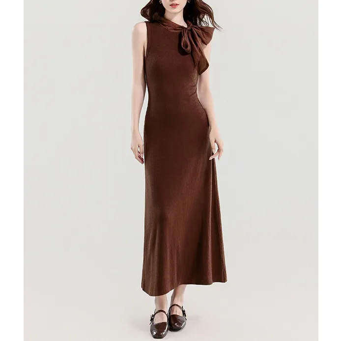 秋季新款温柔优雅系带蝴蝶结长款无袖百搭针织连衣裙气质修身女装