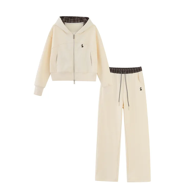 POLOGWON冬季加绒即穿即走！休闲百搭洋气格子连帽开衫套装ZD8003