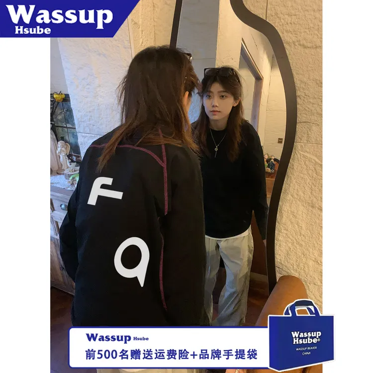 WASSUP HSUBE流行长袖秋冬宽松字母痞帅国潮几何印花情侣上衣
