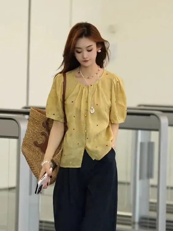 宽松减龄夏季时尚短袖衬衣女纯棉刺绣泡泡袖衬衫薄款甜美度假风