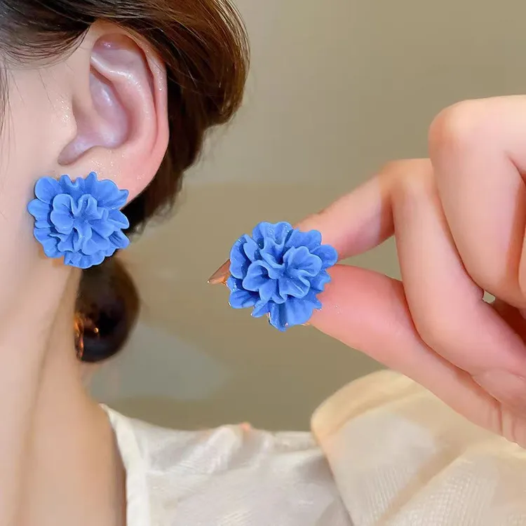 925银针克莱因蓝花朵耳钉夏季清新甜美气质耳环女时尚百搭耳饰潮