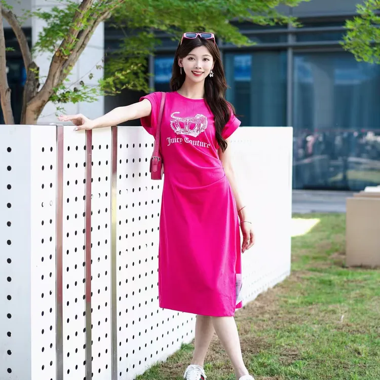 【博主同款】Juicy Couture橘滋皇冠豹豹印花收腰短袖粉红色连衣裙