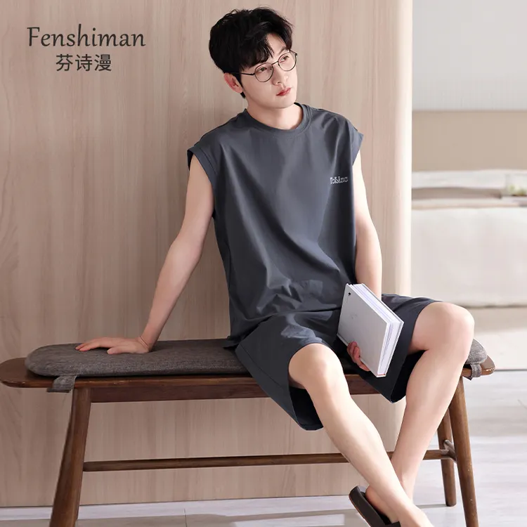 睡衣男款夏季背心短裤纯棉薄款无袖男士套装夏天可外穿男生家居服