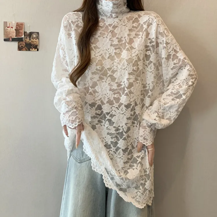 大码女装高领镂空长袖蕾丝上衣2026新款胖MM高级感白色内搭打底衫