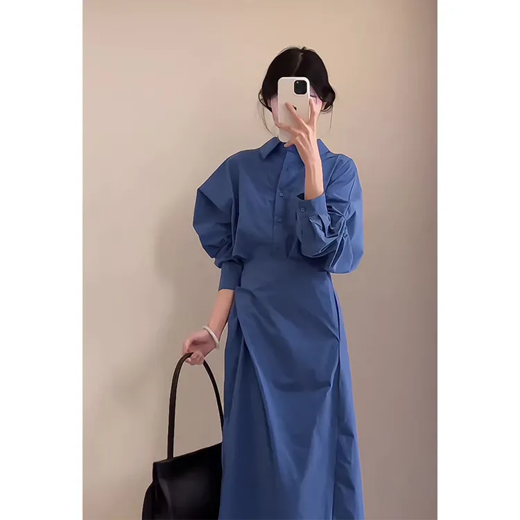衬衫连衣裙2025秋季新款女韩系穿搭翻领设计感收腰显瘦中长款裙子