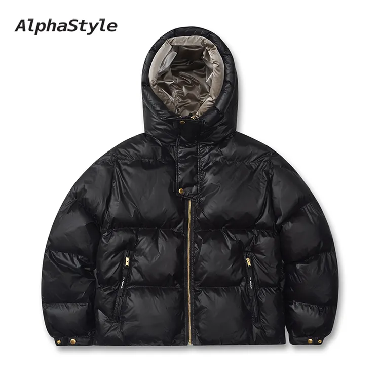 ALPHASTYLE秋冬款新款潮牌冬季纯色双层帽厚款棉服保暖宽松外套