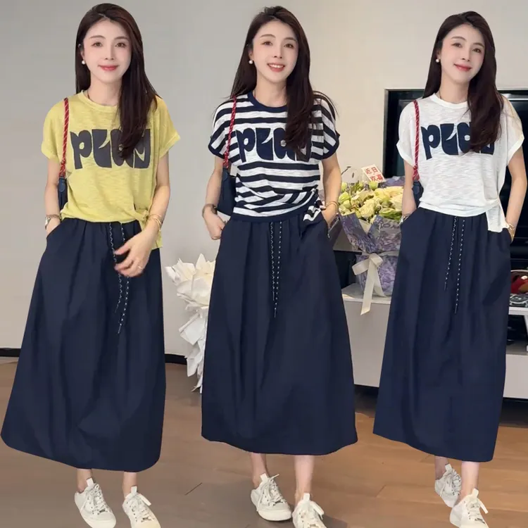 爆款设计感夏季休闲套装女装不规则短袖针织衫+半身裙时尚两件套