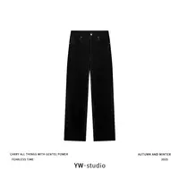 YUWEI/定制 琥珀流光风入秋搭配王系列蛋白PU直筒侧开叉皮裤25720