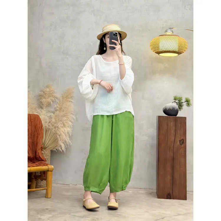 夏款100苎麻双层裤子宽松休闲长裤百搭纯色显瘦薄款时尚苎麻小衫