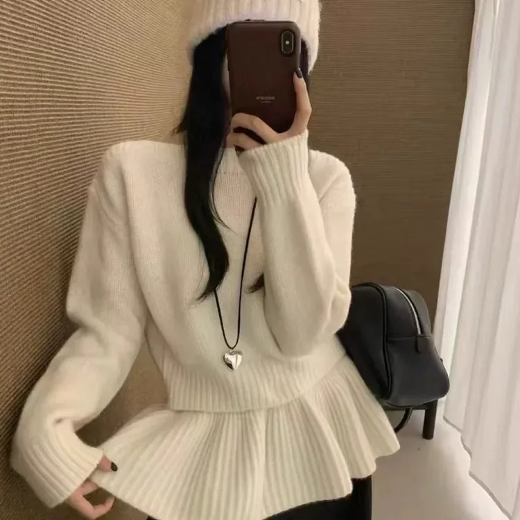 欧货2025早秋新款荷叶边拼接套头毛衣女内搭上衣松弛感外穿