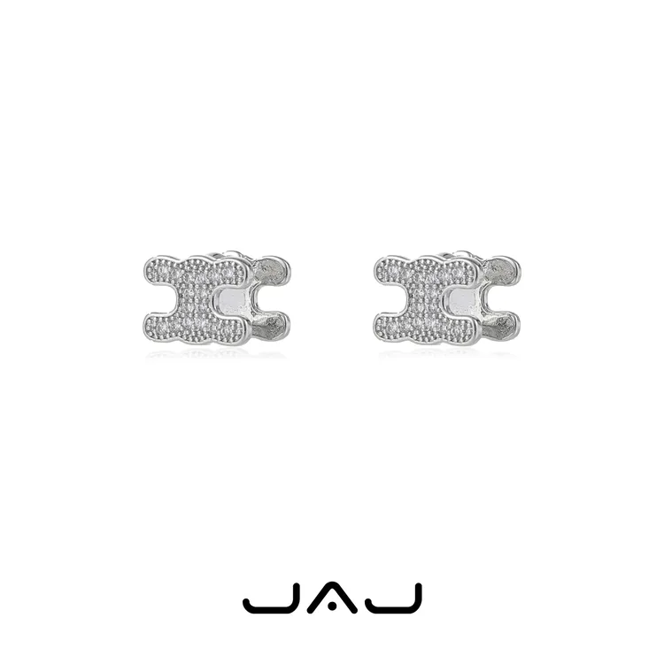 JAJ 铜合金合成锆石耳饰 简约气质双C耳钉镶钻字母H立体耳扣耳饰