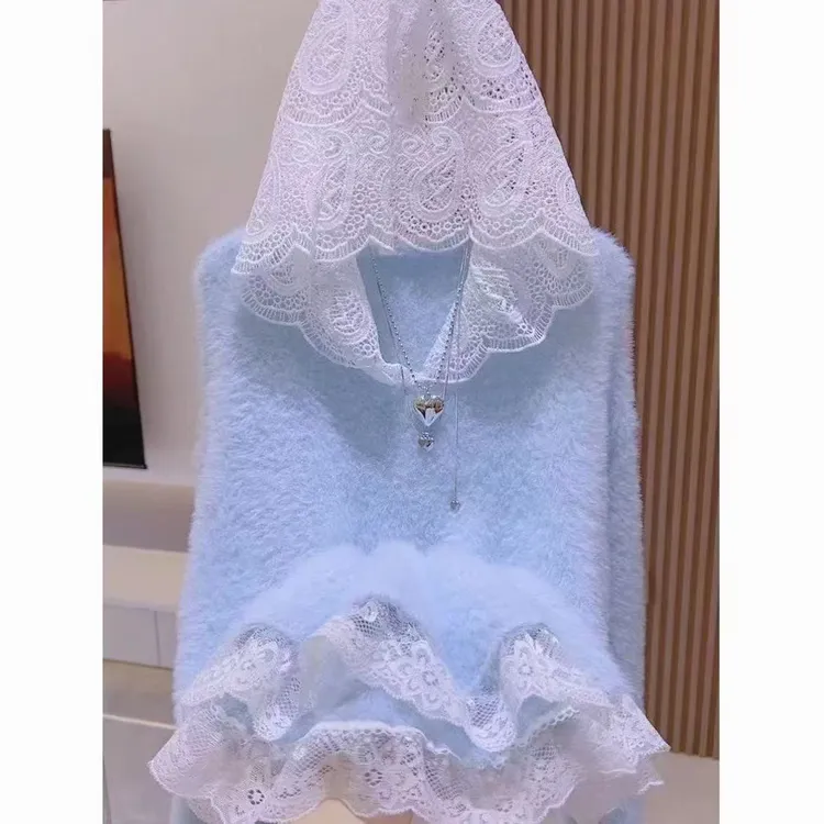法式蕾丝拼接甜美仿水貂绒毛衣女秋冬新款洋气上衣气质百搭打底衫