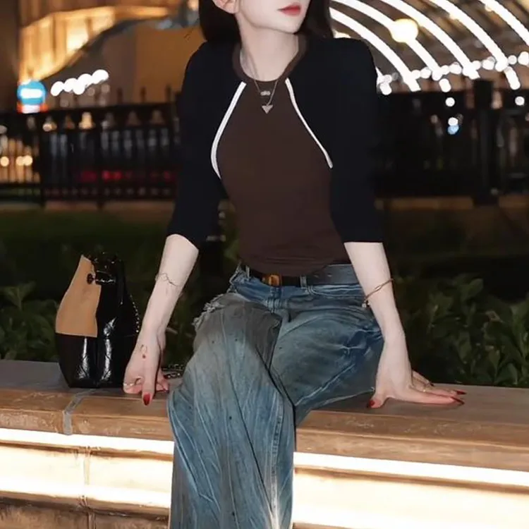 时尚拼色气质长袖T恤女士2025早秋新款显瘦百搭上衣爆款减龄女装