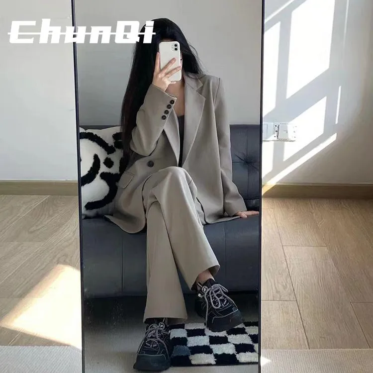 淳启灰色西装套装女高级感新款休闲显瘦西服外套阔腿裤两件套装潮