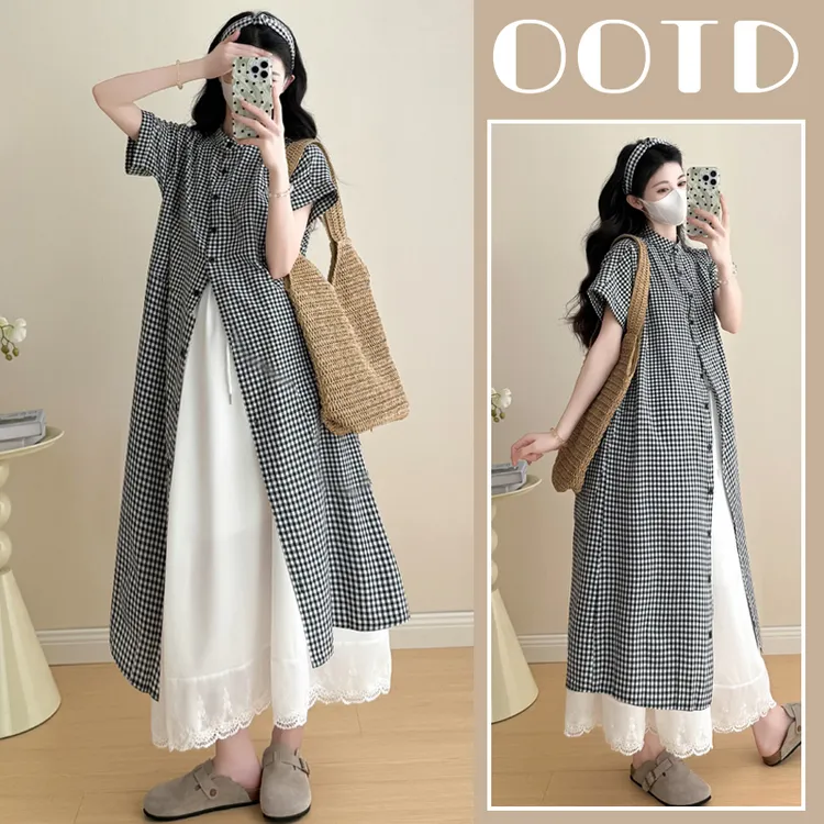 孕妇装夏装套装格子衬衫连衣裙上衣半身裙两件套洋气爆款孕期穿搭