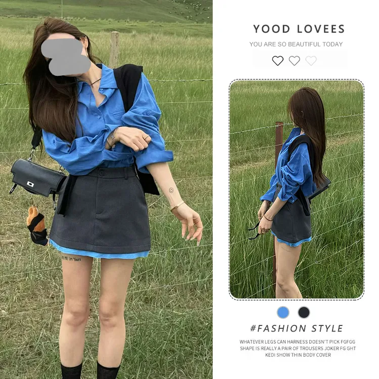 套装女2025春秋新款韩系减龄温柔风蓝色衬衫上衣高腰短裙两件套潮