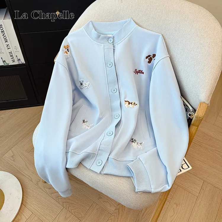 拉夏贝尔小狗收口袖刺绣卫衣女薄款单排扣开衫外套棒球服立领上衣
