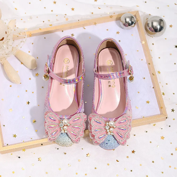 女童皮鞋爱莎公主鞋洋气珠子高跟鞋模特走秀花童礼服鞋演出水晶鞋