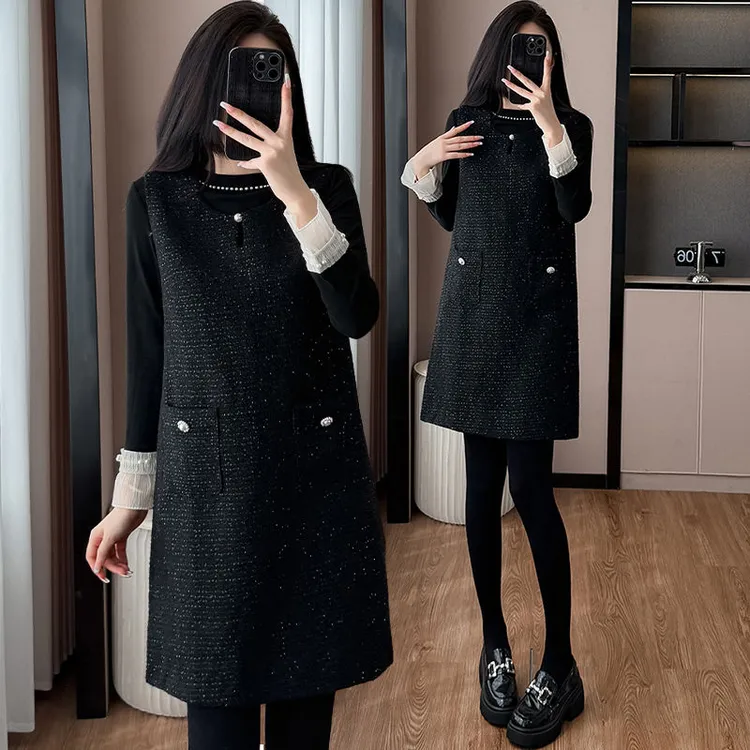 粗花呢子小香风连衣裙套装女2025秋冬穿搭新款打底衫背心裙两件套