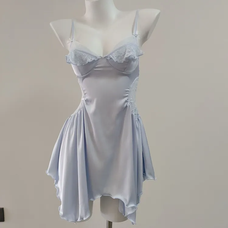 CJQL2025新款春夏性感睡衣女薄镂空蕾丝拼接冰丝褶皱修身显瘦