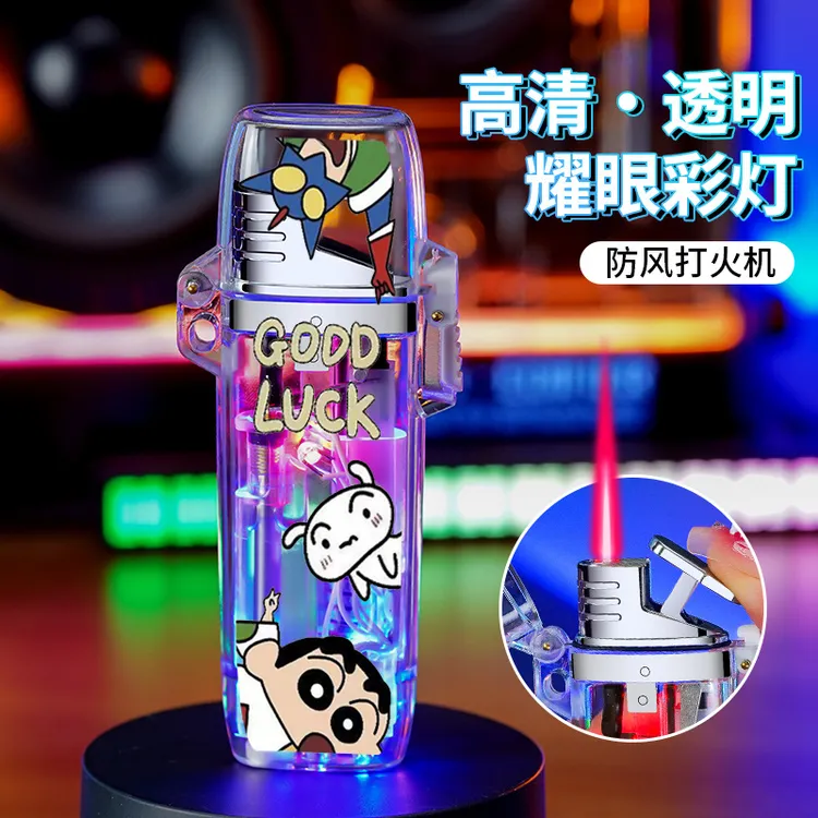 发光蜡笔小新网红创意透明闪灯卡通可爱炫酷发光防风打火机可