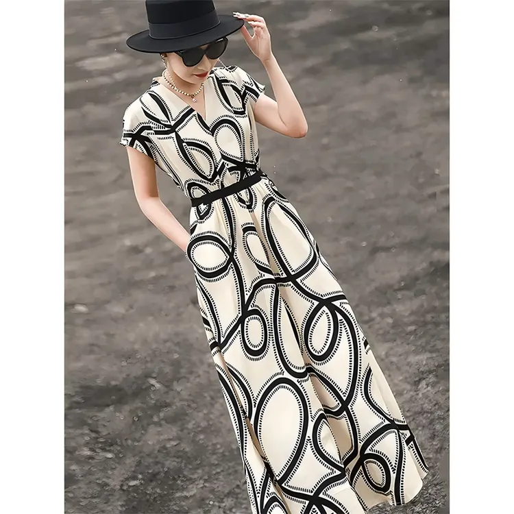 法式气质时尚显瘦长裙女夏季设计感收腰修身洋气连衣裙D1403